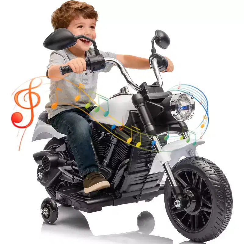 12V Kids Electric Motorcycle w/ Training Wheels, 3-Wheel Ride-on Toy, Reverse, LED Headlight, Horn & Music, 66LB Capacity