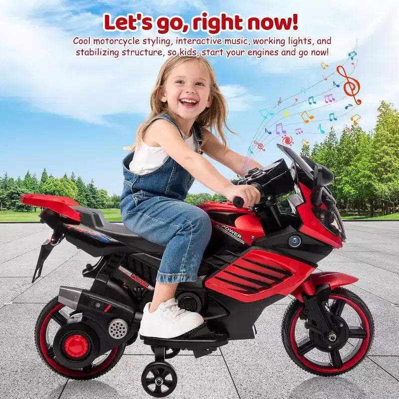 Kids Ride On Motorcycle, 6V Battery Powered Electric Motorcycle, w/Treaded Tires, Horn, Music, Training Wheels