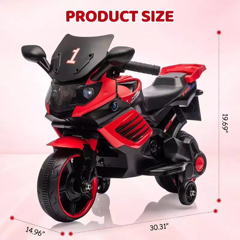 Kids Ride On Motorcycle, 6V Battery Powered Electric Motorcycle, w/Treaded Tires, Horn, Music, Training Wheels