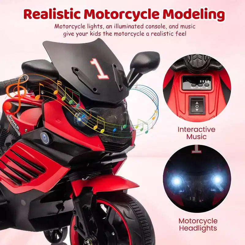 Kids Ride On Motorcycle, 6V Battery Powered Electric Motorcycle, w/Treaded Tires, Horn, Music, Training Wheels