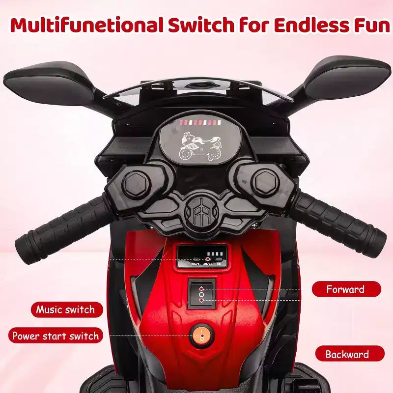 Kids Ride On Motorcycle, 6V Battery Powered Electric Motorcycle, w/Treaded Tires, Horn, Music, Training Wheels