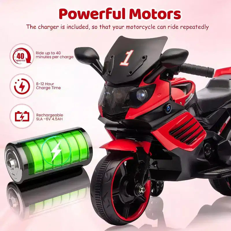 Kids Ride On Motorcycle, 6V Battery Powered Electric Motorcycle, w/Treaded Tires, Horn, Music, Training Wheels