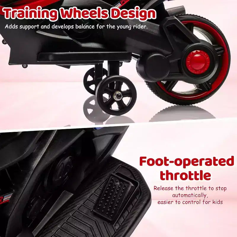 Kids Ride On Motorcycle, 6V Battery Powered Electric Motorcycle, w/Treaded Tires, Horn, Music, Training Wheels