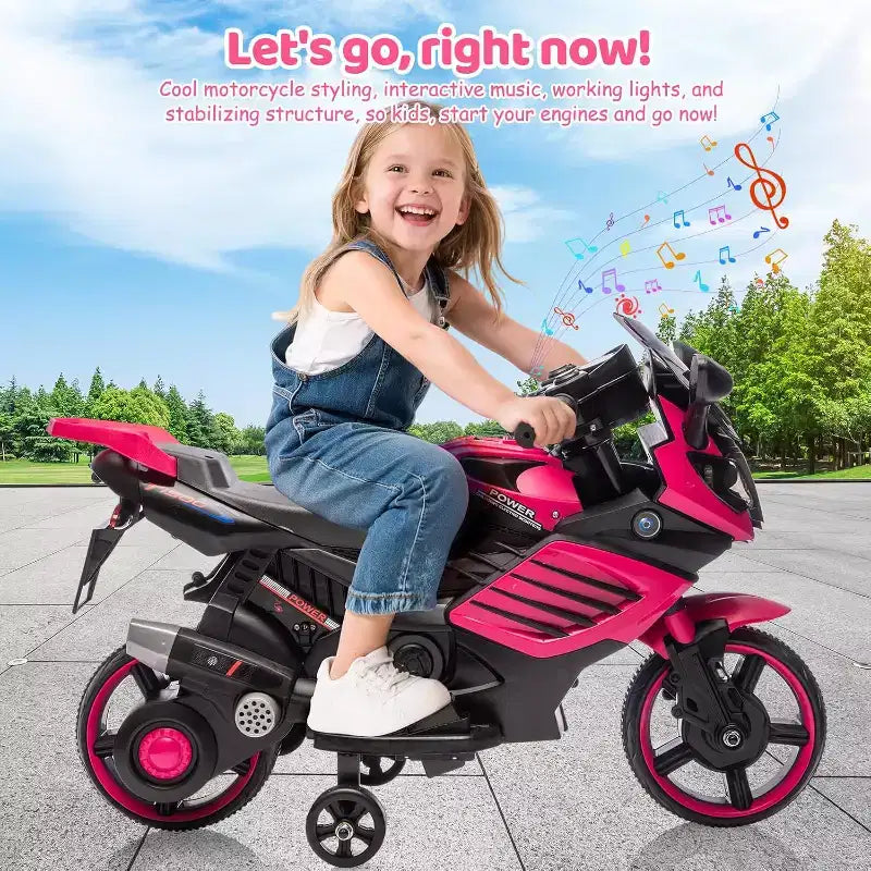 Kids Ride On Motorcycle, 6V Battery Powered Electric Motorcycle, w/Treaded Tires, Horn, Music, Training Wheels