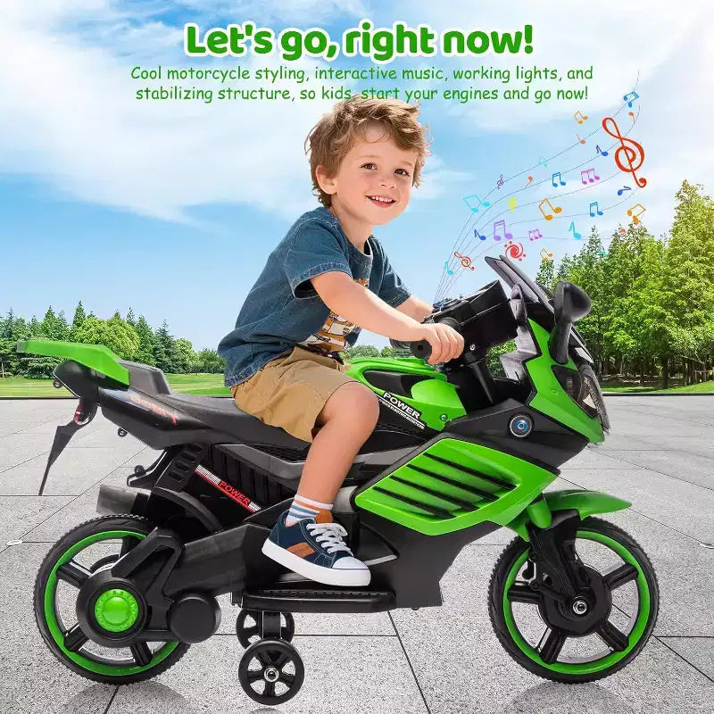 Kids Ride On Motorcycle, 6V Battery Powered Electric Motorcycle, w/Treaded Tires, Horn, Music, Training Wheels