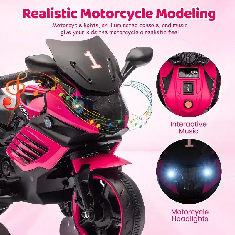 Kids Ride On Motorcycle, 6V Battery Powered Electric Motorcycle, w/Treaded Tires, Horn, Music, Training Wheels