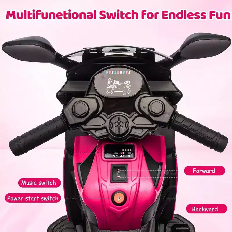 Kids Ride On Motorcycle, 6V Battery Powered Electric Motorcycle, w/Treaded Tires, Horn, Music, Training Wheels