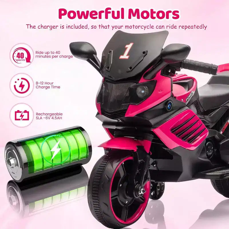 Kids Ride On Motorcycle, 6V Battery Powered Electric Motorcycle, w/Treaded Tires, Horn, Music, Training Wheels