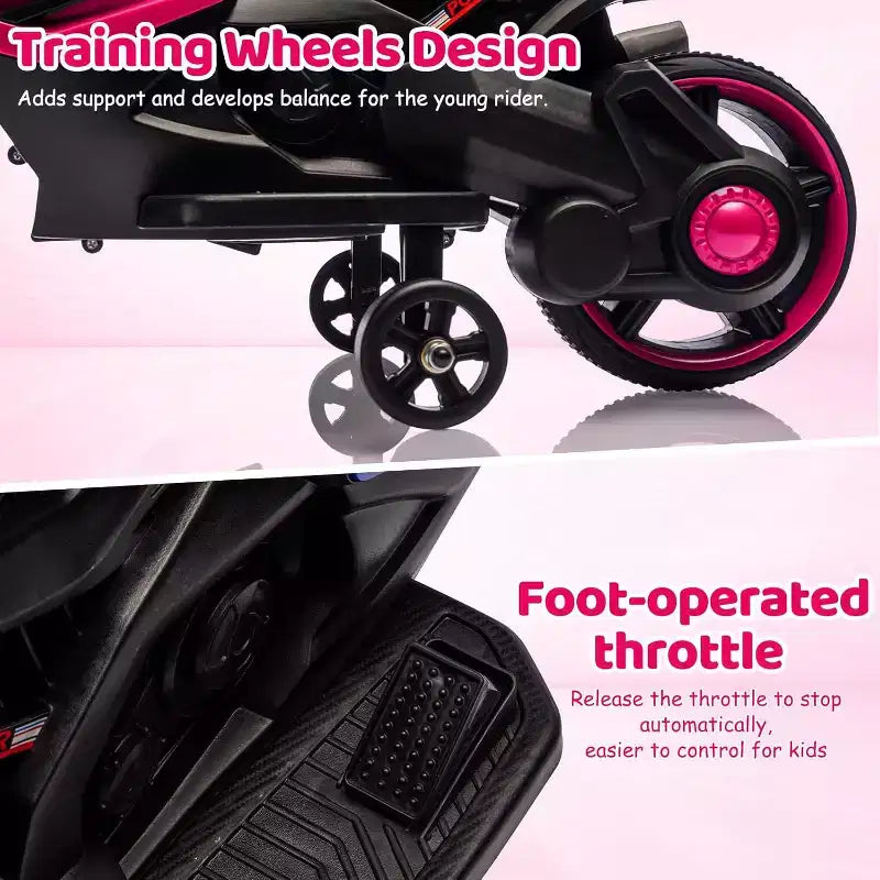 Kids Ride On Motorcycle, 6V Battery Powered Electric Motorcycle, w/Treaded Tires, Horn, Music, Training Wheels