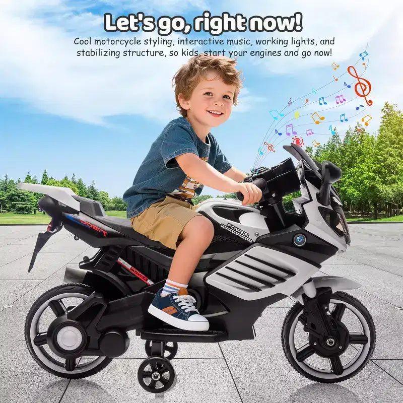 Kids Ride On Motorcycle, 6V Battery Powered Electric Motorcycle, w/Treaded Tires, Horn, Music, Training Wheels