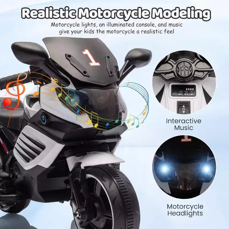 Kids Ride On Motorcycle, 6V Battery Powered Electric Motorcycle, w/Treaded Tires, Horn, Music, Training Wheels