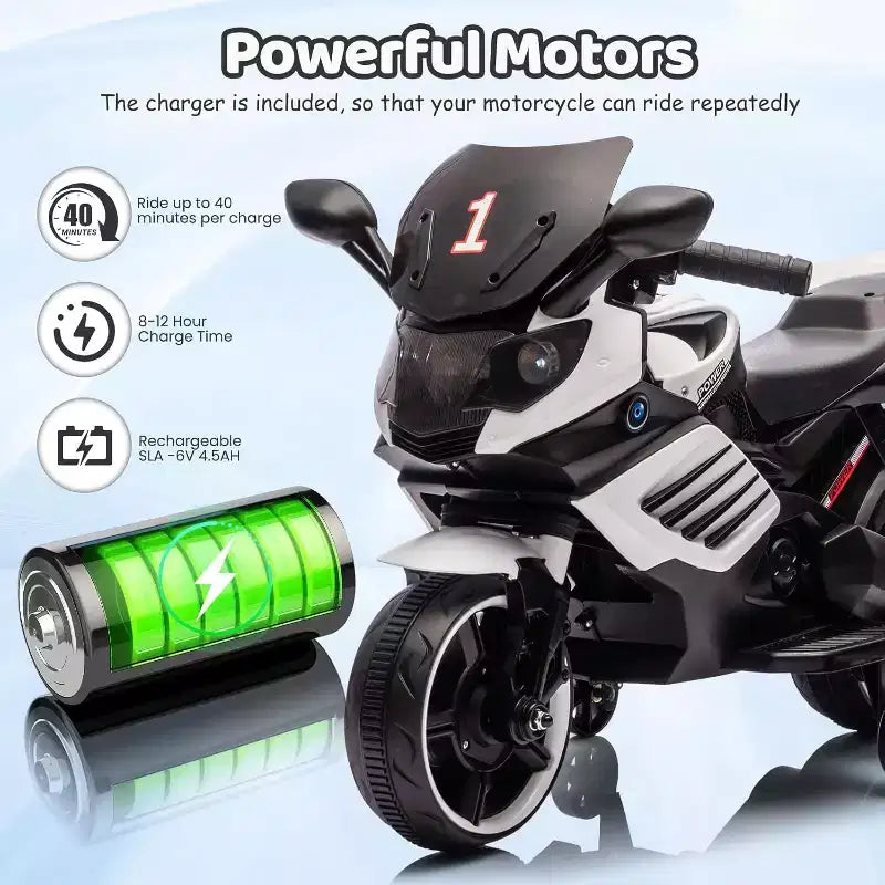 Kids Ride On Motorcycle, 6V Battery Powered Electric Motorcycle, w/Treaded Tires, Horn, Music, Training Wheels
