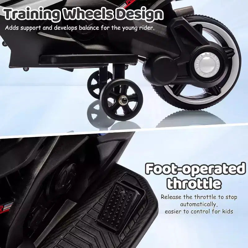 Kids Ride On Motorcycle, 6V Battery Powered Electric Motorcycle, w/Treaded Tires, Horn, Music, Training Wheels