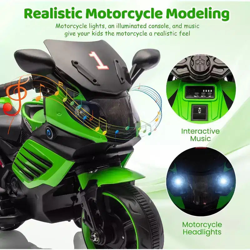 Kids Ride On Motorcycle, 6V Battery Powered Electric Motorcycle, w/Treaded Tires, Horn, Music, Training Wheels