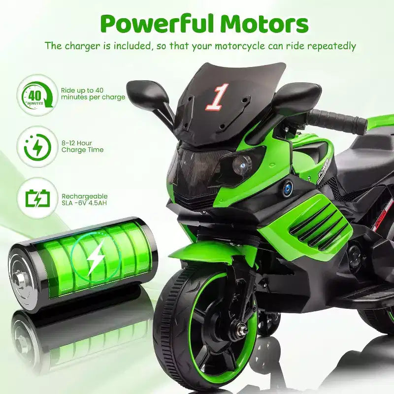 Kids Ride On Motorcycle, 6V Battery Powered Electric Motorcycle, w/Treaded Tires, Horn, Music, Training Wheels