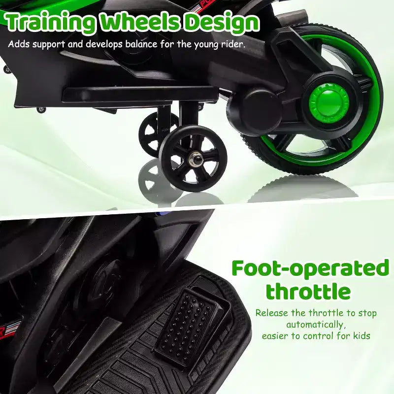 Kids Ride On Motorcycle, 6V Battery Powered Electric Motorcycle, w/Treaded Tires, Horn, Music, Training Wheels