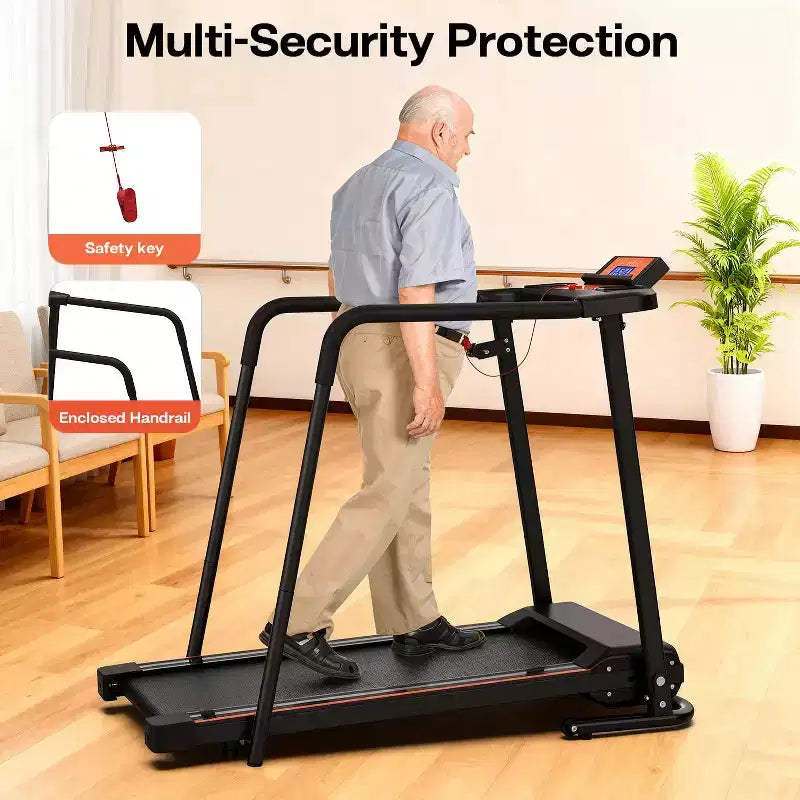 Foldable Walking Treadmill for Seniors with Extended Handrails, APP Control Option, Portable Design, 300LBS Weight Capacity