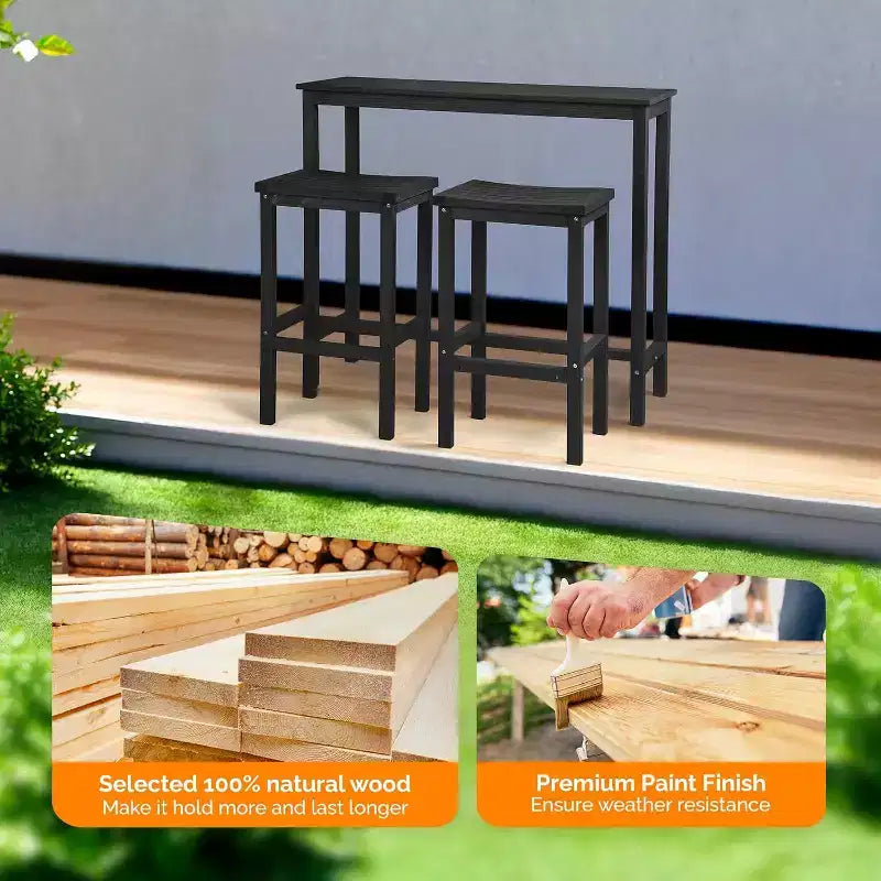 VINGLI 3-Piece Fir Wood Outdoor Bar Table and Chairs Set, Outdoor Bar Height Table with 2 Bar Stools Patio Bistro Set for Garden Balcony Backyard