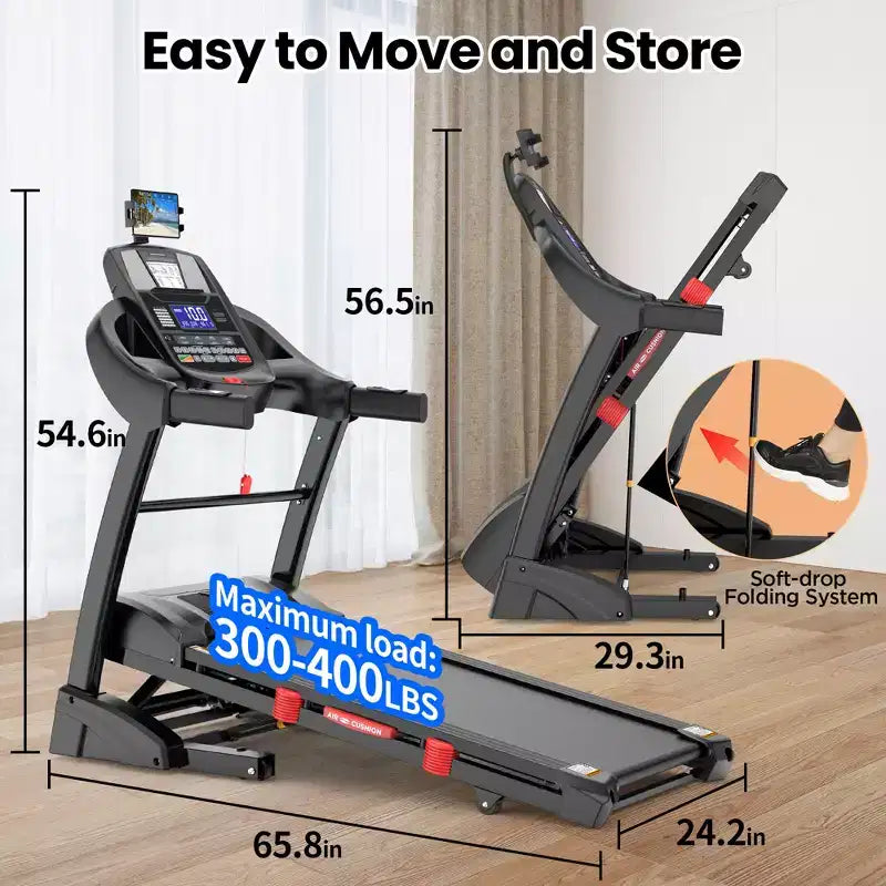 5HP Foldable Treadmill for Home w/ 15% Auto Incline, 400lbs Capacity, 10MPH Portable Treadmill, 64+7 Programs, Personalized Workout with APP