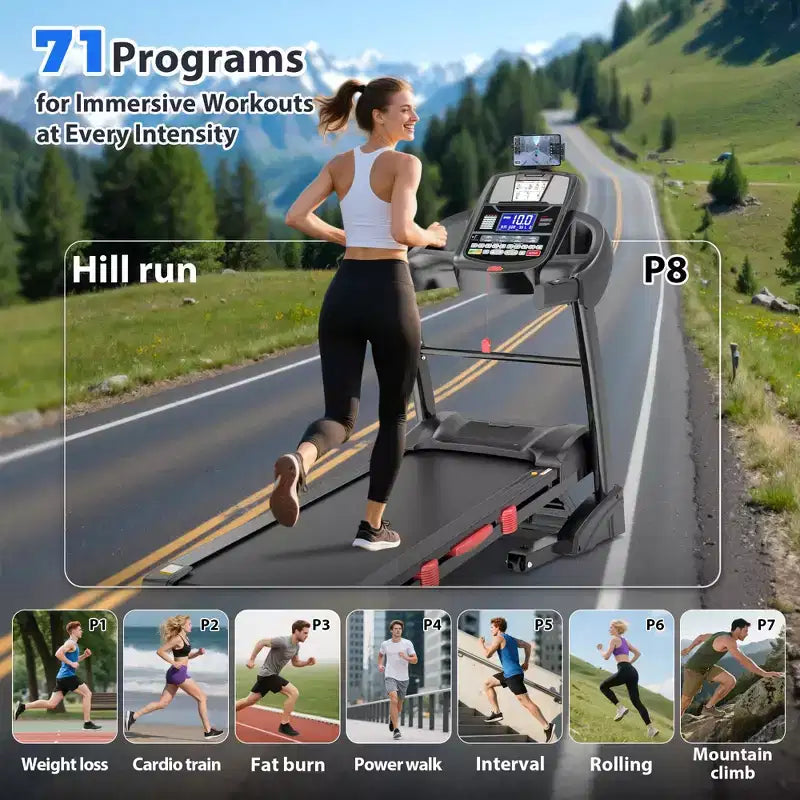 5HP Foldable Treadmill for Home w/ 15% Auto Incline, 400lbs Capacity, 10MPH Portable Treadmill, 64+7 Programs, Personalized Workout with APP