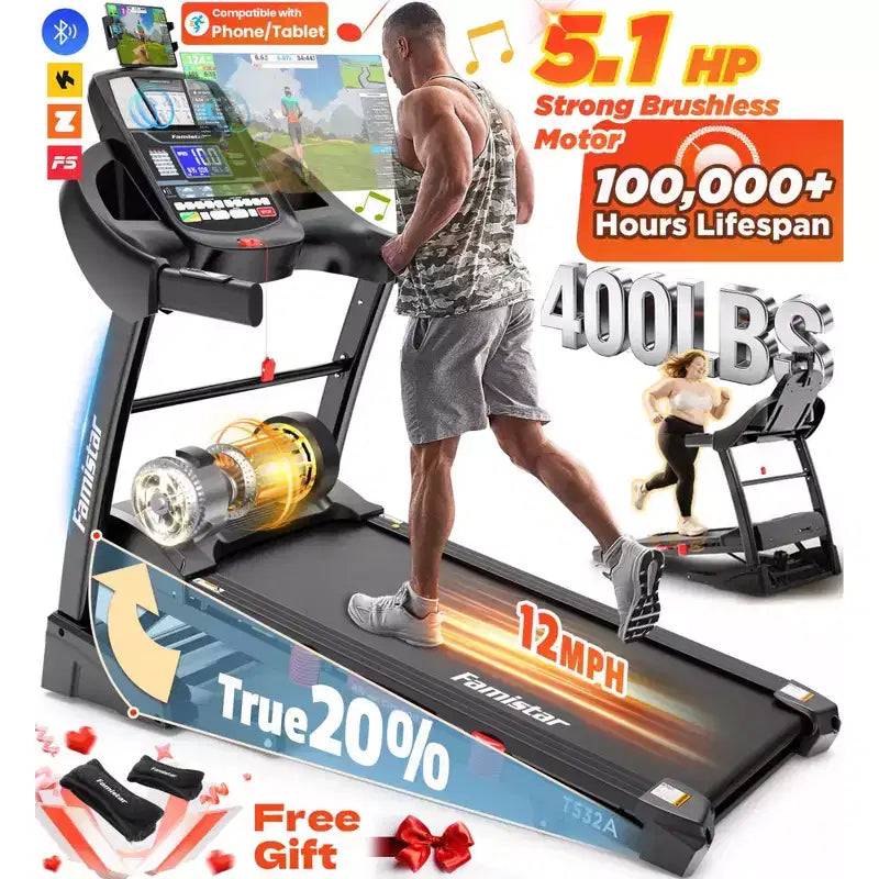 5.1HP Folding Treadmill for Home with 20% Auto Incline,300-400 LB Capacity,Adjustable iPad Holder, 12MPH Speed, 71 Programs,Knee Straps Gift