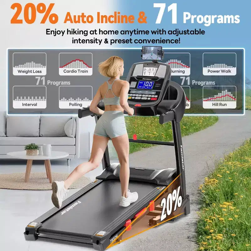5.1HP Folding Treadmill for Home with 20% Auto Incline,300-400 LB Capacity,Adjustable iPad Holder, 12MPH Speed, 71 Programs,Knee Straps Gift