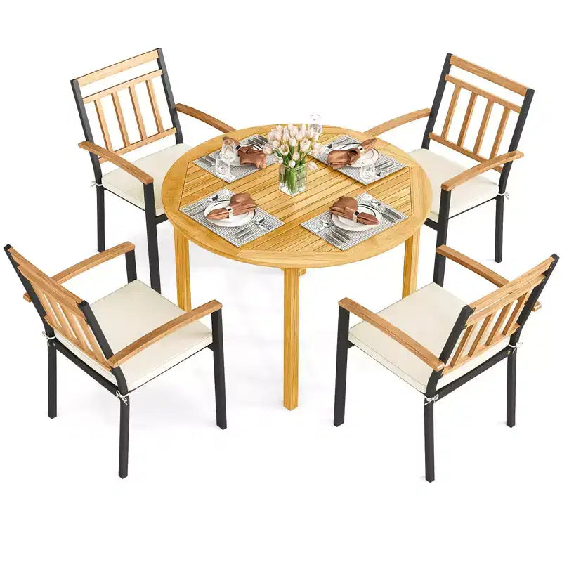 Costway 5 Pieces Outdoor Acacia Wood Dining Set with Cushions for Porch, Balcony, Garden