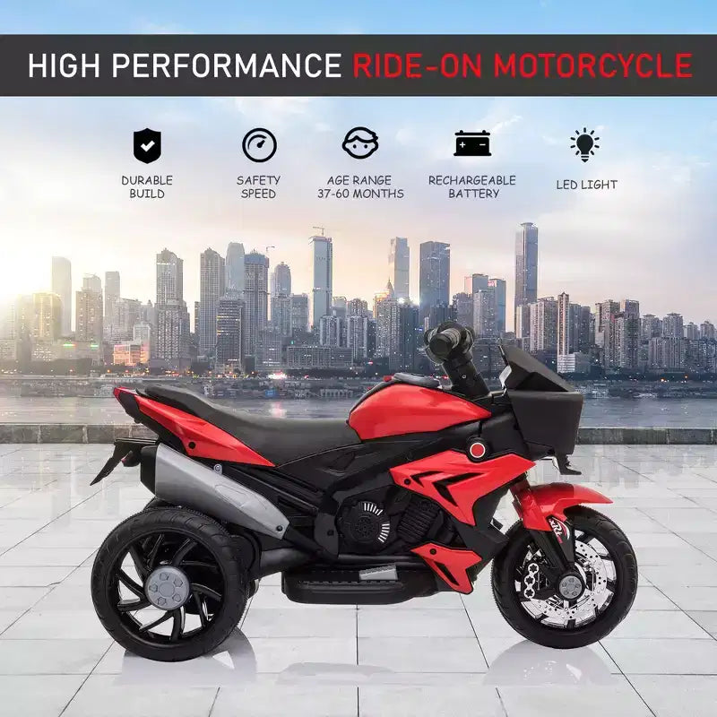 Kids Electric Motorcycle Ride-On with Headlights Music and Three-Wheel Stability Red