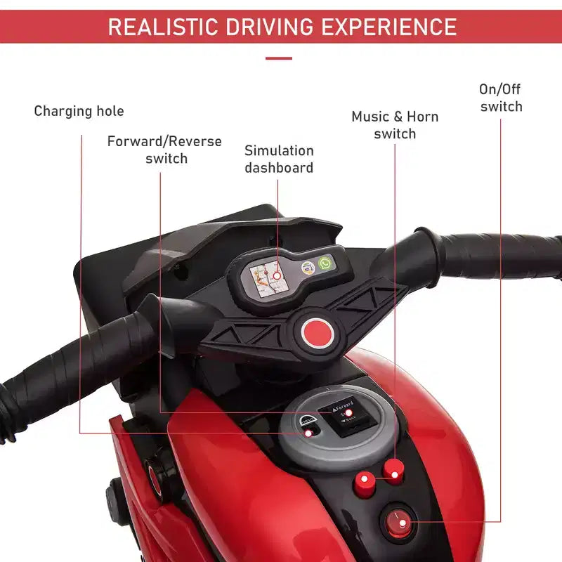 Kids Electric Motorcycle Ride-On with Headlights Music and Three-Wheel Stability Red