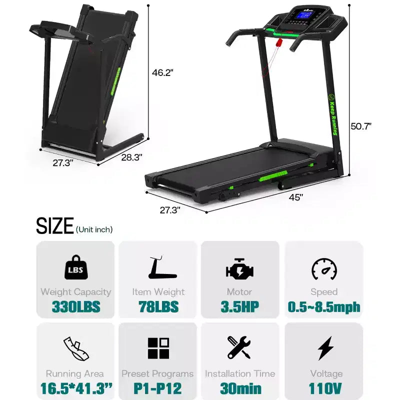 Folding Treadmill with Incline & App - Electric Running Machine for Home, Handrail Speed Controls & Built-In Pulse Monitor, Compact Design