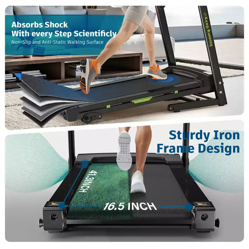 Folding Treadmill with Incline & App - Electric Running Machine for Home, Handrail Speed Controls & Built-In Pulse Monitor, Compact Design