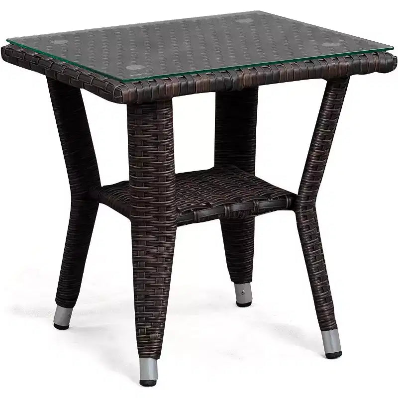 Balkene Home 63362 Miles Conversation Wicker Set Dark Brown Outdoor Bistro Set with 2 Chairs & End Table with Glass Top - Mocha Finsh - 3 Piece Set