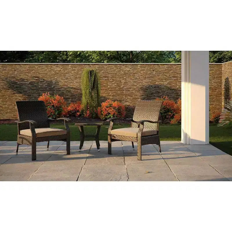 Balkene Home 63362 Miles Conversation Wicker Set Dark Brown Outdoor Bistro Set with 2 Chairs & End Table with Glass Top - Mocha Finsh - 3 Piece Set