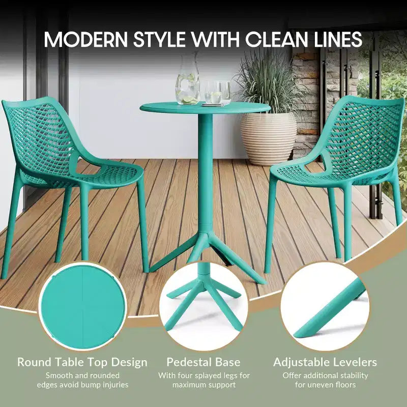 WestinTrends Playa 3-Piece Outdoor Resin Patio Bistro Table Set with Stackable Patio Dining Side Chairs, Turquoise