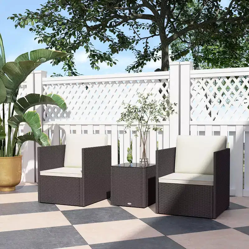 Folding Wicker Bistro Set, 3 Piece Patio Furniture Set with Cushions and Glass Coffee Table for Porch, Balcony
