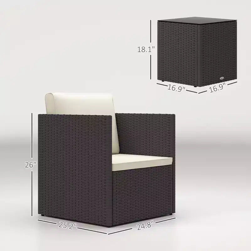 Folding Wicker Bistro Set, 3 Piece Patio Furniture Set with Cushions and Glass Coffee Table for Porch, Balcony