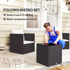 Folding Wicker Bistro Set, 3 Piece Patio Furniture Set with Cushions and Glass Coffee Table for Porch, Balcony