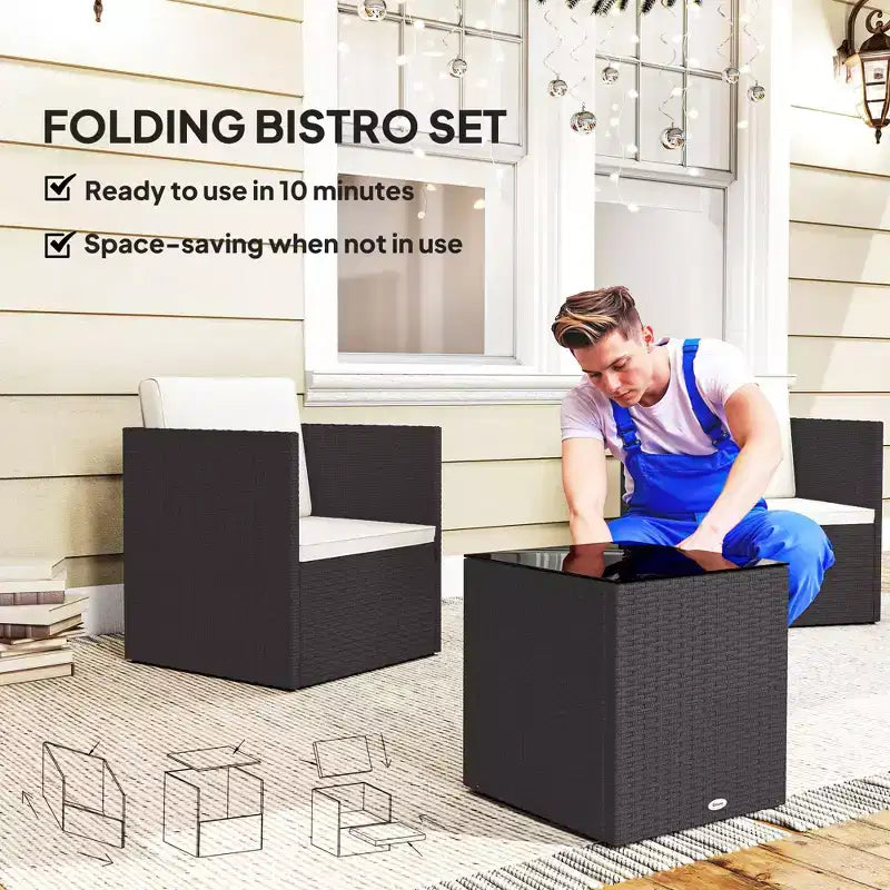 Folding Wicker Bistro Set, 3 Piece Patio Furniture Set with Cushions and Glass Coffee Table for Porch, Balcony