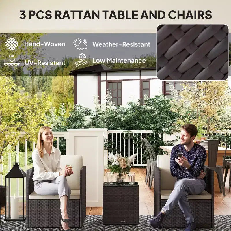 Folding Wicker Bistro Set, 3 Piece Patio Furniture Set with Cushions and Glass Coffee Table for Porch, Balcony