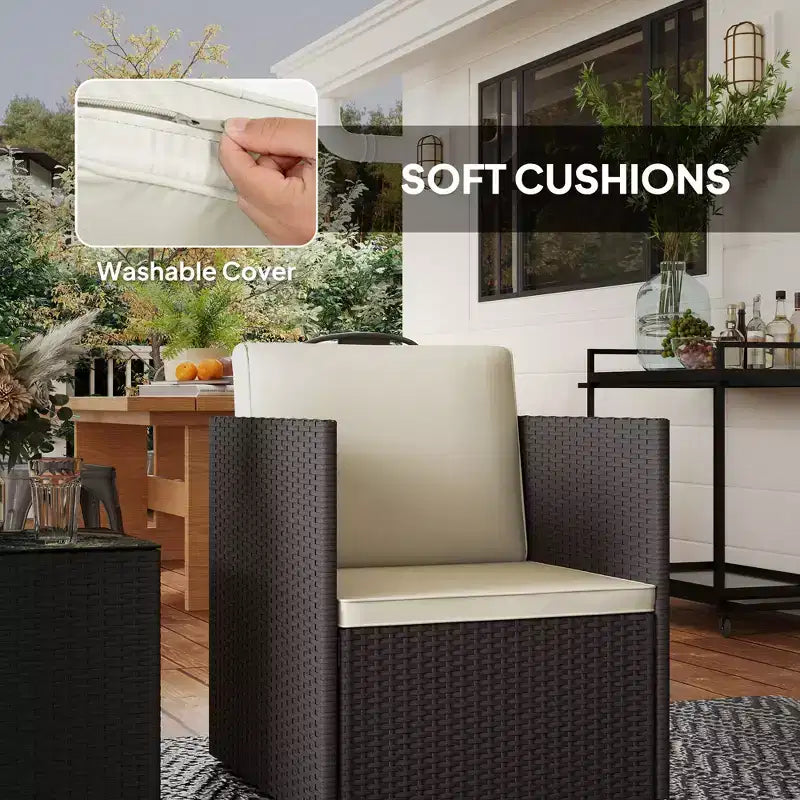 Folding Wicker Bistro Set, 3 Piece Patio Furniture Set with Cushions and Glass Coffee Table for Porch, Balcony