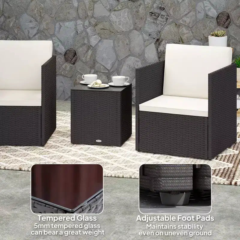 Folding Wicker Bistro Set, 3 Piece Patio Furniture Set with Cushions and Glass Coffee Table for Porch, Balcony