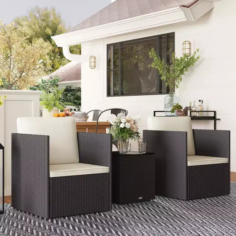 Folding Wicker Bistro Set, 3 Piece Patio Furniture Set with Cushions and Glass Coffee Table for Porch, Balcony