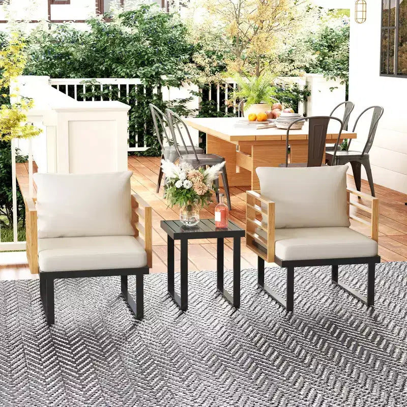 3 Piece Metal Bistro Set, Small Patio Furniture Set with Cushions, Armchairs, Slatted Table for Backyard Balcony