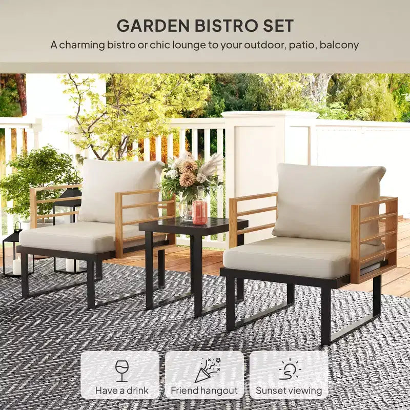 3 Piece Metal Bistro Set, Small Patio Furniture Set with Cushions, Armchairs, Slatted Table for Backyard Balcony