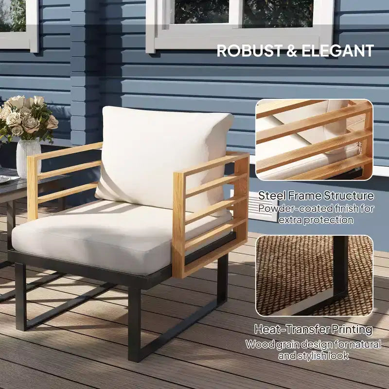 3 Piece Metal Bistro Set, Small Patio Furniture Set with Cushions, Armchairs, Slatted Table for Backyard Balcony