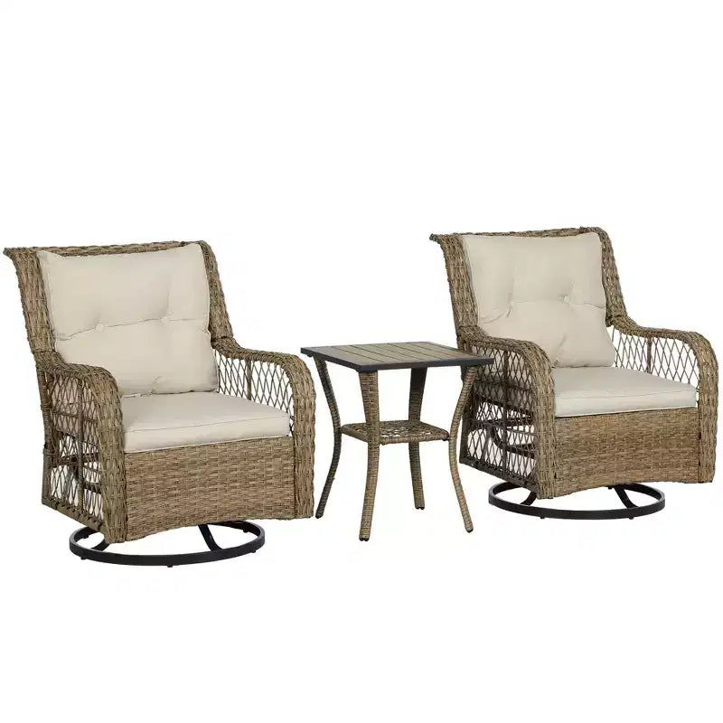 3 Piece Outdoor Bistro Set, Wicker Small Patio Furniture Set with Swivel Glider Chairs for Balcony, Porch