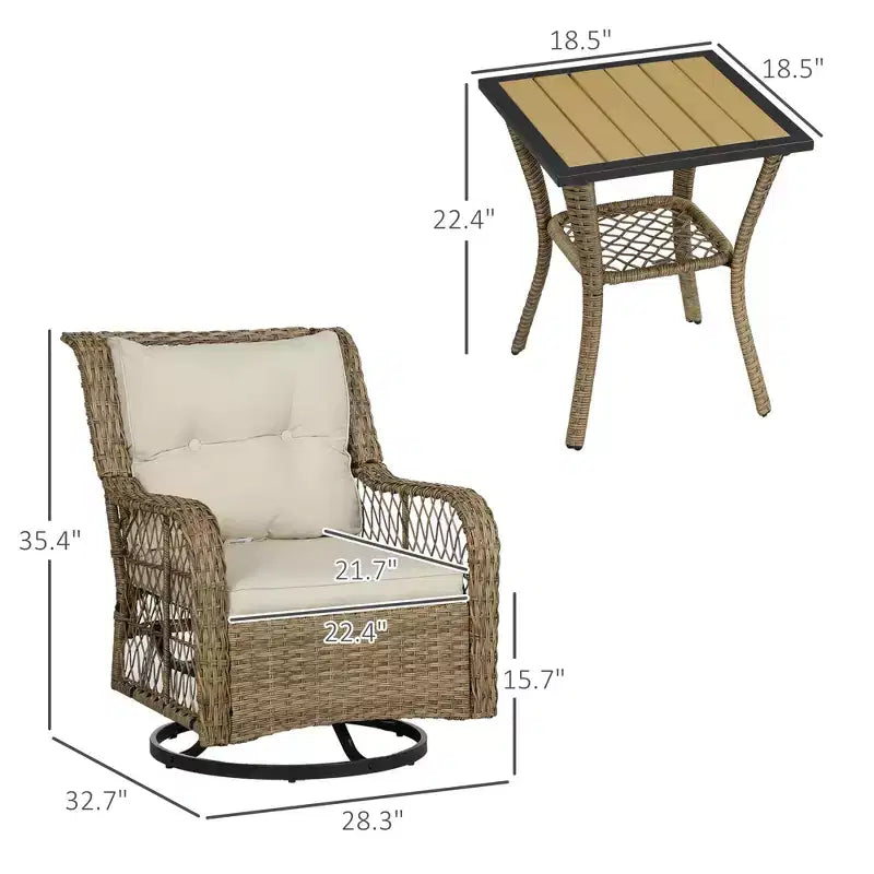 3 Piece Outdoor Bistro Set, Wicker Small Patio Furniture Set with Swivel Glider Chairs for Balcony, Porch