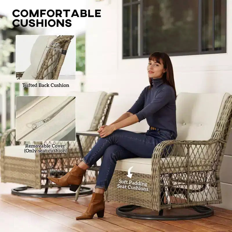 3 Piece Outdoor Bistro Set, Wicker Small Patio Furniture Set with Swivel Glider Chairs for Balcony, Porch