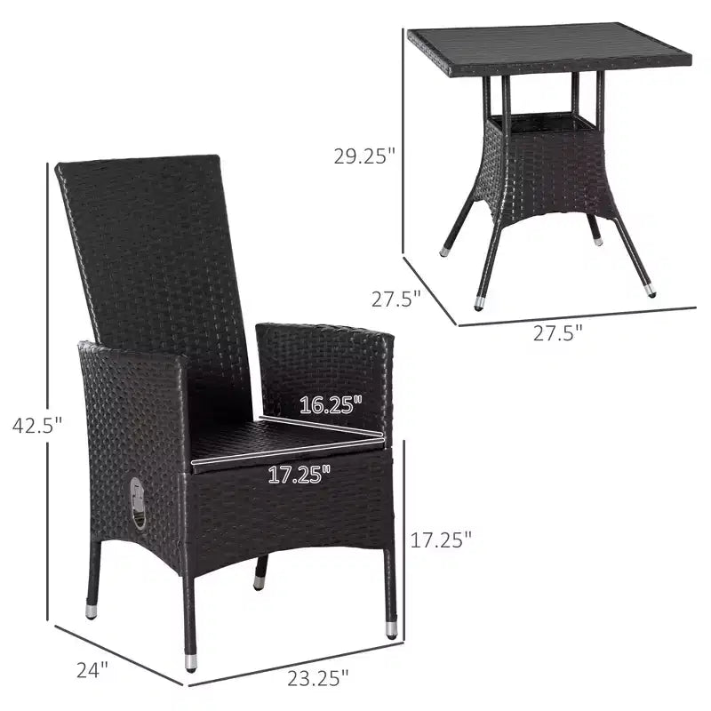 3 Piece Patio Bistro Set, PE Wicker Furniture Conversation Set w/ Tufted Cushion Reclining Chairs & Coffee Table