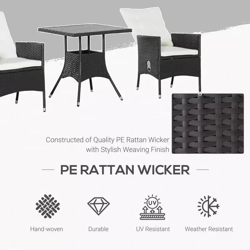 3 Piece Patio Bistro Set, PE Wicker Furniture Conversation Set w/ Tufted Cushion Reclining Chairs & Coffee Table